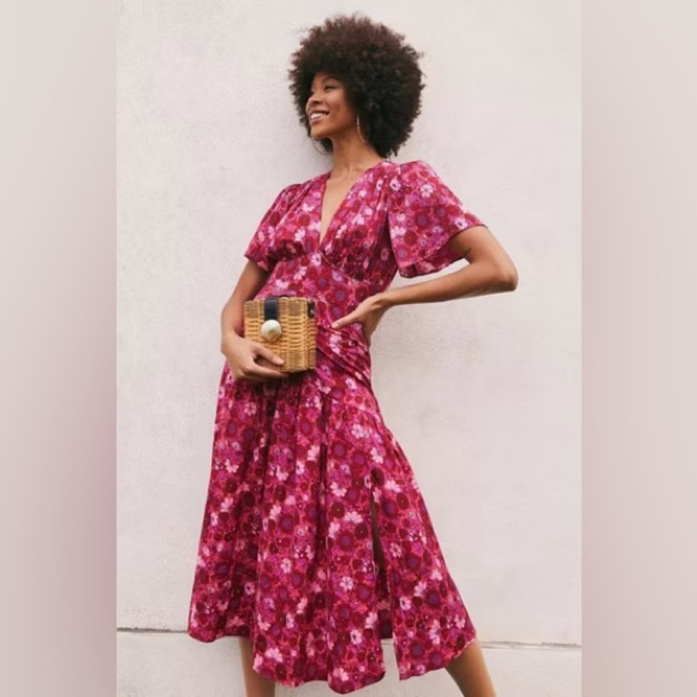 Topshop Willow Pink Floral Angel Sleeve Midi Dress US 4 UK 8